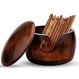 Wooden Yarn Bowl with Lid Handmade Yarn Bowl Holder with 12 Pieces Bamboo Crochet Hooks for Crocheting Knitting Accessories DIY Crafts Gift for Women (Pine Wood)