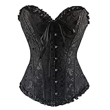 PAUSUNA Women Lace Up Floral Burlesque Basque Bustier Shaper Overbust Boned Corset Top (Floral Black Top, 8)
