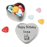 Happy Birthday Iona Mini Silver Heart Shaped Tin Gift filled with chocolates Great Birthday present for Iona Show somebody you are thinking of them