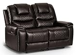 Luxury Brown Faux Leather Padded Diamond Tufted 2 Seater Manual Lever Recliner Sofa – Thick Arm Back & Head Padding Lazy Boy Loveseat, Easy Recline Lever, Beautiful Stitching & Brass Studs Detail