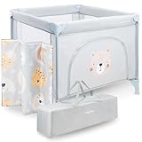 Moby-System Children's Playpen with Mattress and Transport Bag, Large Folding Wheels with Lock, Solid Frame, Non-Slip Overlays, 97 x 100 x 77 cm, Teddy Bear