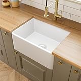 Lussena® 605 x 457mm Ceramic Belfast Kitchen Sink Sit-on Installation Single Bowl 1.0 One Rectangular Gloss White Basin Free Basket Strainer Waste