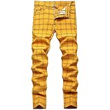 JE&NS Men's Stretch Slim Fit Flat-Front Casual Skinny Chinos Plaid Dress Pants, Yellow Plaid, 34