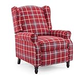 EROMMY Tartan Recliner Chair, Wingback Reclining Armchair, Upholstered Relaxing Accent Chair with Solid Wood Frame, Retro Single Sofa for Living Room, Bedroom, Linen, Red