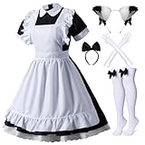 Wannsee Japanese Anime 6Pcs Lolita French Maid Apron Fancy Dress Cosplay Costume Gloves Headwear Socks set(Black XL)