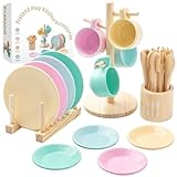 GAGAKU Wooden Play Kitchen Accessories 27 PCS Wood Toy Food Set for Kids Kitchen with Pots and Pans Role Play Cooking Toy Dishes and Plates Tea Set for Toddlers (Neutral)