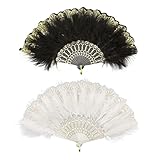 MIVAIUN 2 Pieces Folding Handheld Feather Fan Embroidered Flower Marabou Feather Fan, 20s Vintage Folding Fan, 1920s accessories for Costume Halloween Dancing Wedding Party Prom Tea Party (2 Pieces)