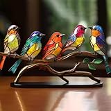 DIYBravo Stained Birds on Branch Decor Acrylic Bird Desktop Ornament Colorful Bird Statue with Base Birds Animal Figurines for Indoor Home Office Tabletop Decorations (B)