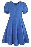 SFreeBo Blue Dress for Girls Dresses 7-8 Years Casual Cotton Midi Dress Kids Short Sleeve School Dresses Plain Elasticity Summer Party T-Shirt Dress