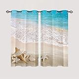 ANHOPE Beach Curtains Eyelet Ring Top Thermal Insulated 80% Blackout Curtains with Tropical Ocean Seaside Conch Seashell Print Pattern Window Drapes for Bedroom Living Room 28 x 54 Inch Drop 2 Panels