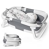 Baby Bath Foldable Tub Collapsible Bathtub Baby Bath Essentials for Newborn with Seat Support Cushion Stand Folding Baths for Toddler 0-12 Months Travel Portable Infant Tubs Soft Bathing Kids Grey