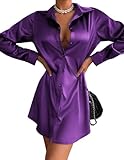 Zeagoo Women's Stain Long Sleeve Dress Button Down Shirts Tunic Dresses Casual V-Neck Mini Dress with Belt, Deep Purple, M