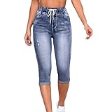 BVEBJDX Knee Length Denim Trousers Women Capri Pants Clearance, Ladies Jean Cropped Pant 3/4 Trouser Summer Stretchy Slim Fit Denims Elasticated Waist Drawstring Jeans Casual Bottoms with Pockets