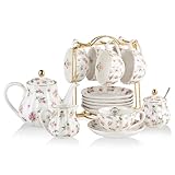 Sweejar Home Porcelain Tea Sets British Royal Series,Cups & Saucer Service for 6, with Teapot Cream Pitcher Teaspoons and Tea Strainer, Suitable for High Tea (FloralD)