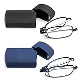 MMOWW 2 Pair Folding Reading Glasses With Flip Case, Blue Light Blocking Mini Compact Portable Pocket Reader for Men and Women (Black+Blue, +1.5)