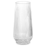 Hewory Ribbed Glass Vase for Flowers: 20cm Large Vase Clear Flower Vases for Living Room - Crystal Glass Vases for Decor Table Centrepiece Home Decoration