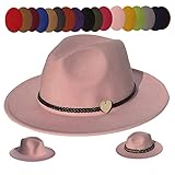 JK Home Wide Brim Fedora Hat - Felt Panama Cap - 2pcs Adjustable Bands - Vintage Style Cosplay Pink