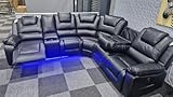Oxford Leather Electric Recliner Corner Sofa with Cupholders - USB Charging Ports - LED Lights – Leather Corner Sofa (Black)