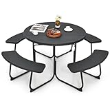 COSTWAY 8 Seater Picnic Table and Bench, All Weather Outdoor Dining Table Set with Built-in Benches and Umbrella Hole, Camping Table Sets Furniture for Patio Garden BBQ（Round,Black