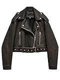 LY VAREY LIN Women Faux Leather Cropped Jacket Lapel Zipper Biker Short Coat with Belt, 2371dark Green, Small