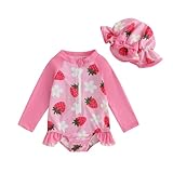 Vioyavo Infant Baby Girls Swimsuit Strawberry/Flower/Mermaid Print Long Sleeve Round Neck Swimwear Front Zipper Bathing Suit