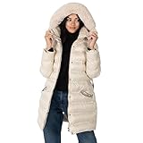 Lovedrobe Women's Winter Jacket Ladies Coat Quilted Puffa Padded Belted Pockets with Faux Fur Trim Puffer Outerwear, Stone, 12