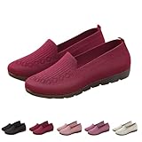 UK 9 Women's Knitted Flat Shoes Extra Wide Eee Fit Lightweight Comfortable Loafers Women Footwear Slip on Casual Breathable Mesh Walking Shoes Low-Top Round Toe Trainers A0_Red Clearance