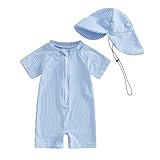 Vioyavo Newborn Toddler Boys One-Pieces Swimwear Summer Short Sleeve Striped Swimsuit Half Zipper Rash Guard Sunhat Set Bathing Suit (Blue, 6-12 Months)