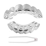 Milisten Silver Hip Hop Vampire Teeth Grills Top and Bottom Face Mouth Vampire Fangs for Your Teeth Hip Hop Jewelry Party Favors