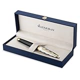 Waterman Carene Fountain Pen | Metal & Black Lacquer with Gold trim & Chiselled cap | 18K Gold Fine Nib | Blue Ink | Gift Box