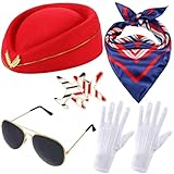 5PCS Flight Attendant Costume Accessories Set Womens Air Hostess Uniform Hat Scarf Glove Brooch Glasses for Adults Cabin Crew Cosplay Dress Up Party Halloween Outfit