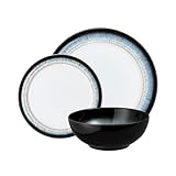 Denby - Halo Dinner Set for 4-12 Piece Ceramic Tableware Set - Dishwasher Microwave Safe Stoneware Crockery - Reactive Glaze, Black, Grey, White Colour - Dinner Plates, Small Plates, Cereal Bowls