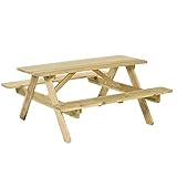 BrackenStyle Jersey Wooden Picnic Table with Bench and Parasol Hole - 1 Piece Furniture Outdoor Dining for Picnic, Pubs, Patio, Garden, BBQ, 6 People Seater with 1.4M Length