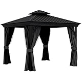 Outsunny 3 x 3.7m Outdoor Hardtop Gazebo Canopy Aluminium Frame with 2-Tier Roof & Mesh Netting Sidewalls for Patio, Dark Grey