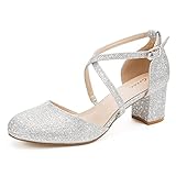 Greatonu Womens Court Shoes Mid Heel Chunky Dress Sandals Ladies Ankle Strap Wedding Party Pumps Sliver Glitter Size 5