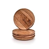Indus Lifespace Dinner Plate Acacia Wood Round Set of 4 Wooden Plates for Eating Salad Fruit Food Dishe Platter Lightweight (6" x 6" x 0.75")