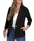 GRECERELLE Womens Blazer Suit Open Front Cardigan Ruched Sleeve Work Office Blazer Jacket with Buttons Pockets (Black, 8)