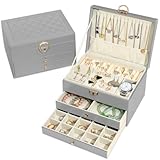 Granbest 3 Layers Jewellery Box with 2 Drawers, Elegant Jewellery Organiser, Leather Jewellery Storage Case Ideal for Necklaces, Bracelets, Rings and Earrings (Grey)