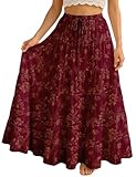 Moomaya Women’s Cotton Resort Skirt with Pockets | Tiered Maxi Summer Skirt | 40-Inch Vacation Wear | Flowy Vacation Outfit Burgundy