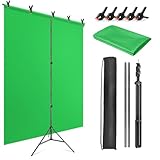 JEBUTU Green Screen Background with Stand 1.5m x 2m (5ft x 6.5ft), 1.5m x 2m Green Screen Photography Backdrop Kit for Chroma Key, Gaming, Photo Studio, Live Streaming