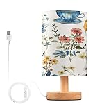 SKYSHU Teacup Flower Bedside Table Lamp, Small LED Desk Light USB Nightstand Lamp with Non Slip Wood Base & Eye-Friendily Lampshade for Living Room Bedroom Dorm Home Office Desk Decor