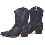 gioanroca Western Cowgirl Ankle Boot for Women with Embroidered Comfy Fashion Vintage Boot Wide Calf Horse Riding Pointed Toe Cowgirl Short Booties, Navy Blue-a, 8 UK