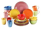 simpa 24PC Hand Painted Assorted Bright Colourful Stoneware Dinner Set. 6 Dinner Plates, 6 Side Plates, 6 Bowls & 6 Mugs. Dishwasher & Microwave Safe.