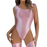 Women's One Piece Leotard, Sexy Sleeveless Crew Neck High Cut Glossy Bodysuit, Low Back Solid Sparkle Dance Jumpsuit, Slim Fit Mesh See Through Thong Leotard for Training Swimwear Yoga Gym Workout