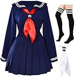 Elibelle Classic Japanese School Girls Sailor Dress Shirts Uniform Anime Cosplay Costumes with Socks Set(Navy)(Plus Size = Asia 5XL)