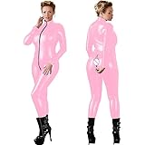 Plus Size Sexy Women Faux Leather Jumpsuit Glitter Catsuit Long Sleeve 2 Way Zipper Romper Nightclub Cosplay Costume