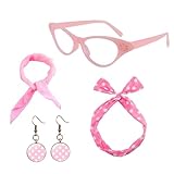 BAIYSFFG 50s Costume Accessories for Women, 1950s Fancy Dress Kit Cat Eye Glasses Polka Dot Bandana Tie Headband Earrings Ladies Grease Fancy Dress for Women Ladies 1950s Retro Party Decor (Pink)