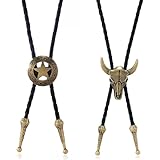 Amexo Bolo Leather Tie, 2 Pieces Western Cowboy Tie Adjustable Leather Necklace, Handmade Necktie, Rodeo Theme Pendant Vintage Cowboy Costume Accessories for Men Women (A)