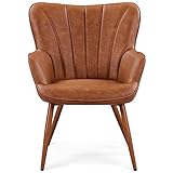 costoffs Leather Tub Chair, Upholstered Living Room Armchair, Modern Comfy Curved Back Accent Chair with Sturdy Legs for Bedroom Makeup Office, Retro Brown
