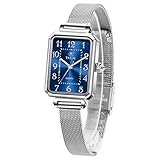Taxau Womens Watch with Arabic Numerals Square Ladies Watches Silver Blue Face Rectangle Fashion Analog Quartz Waterproof Watch for Women Stainless Steel Mesh Dress Wrist Watches